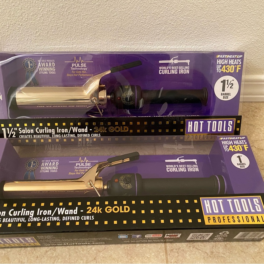 Lot of 2 Hot Tools Professional Hair Curling Iron 1" and 1.1/2" Spring Gold